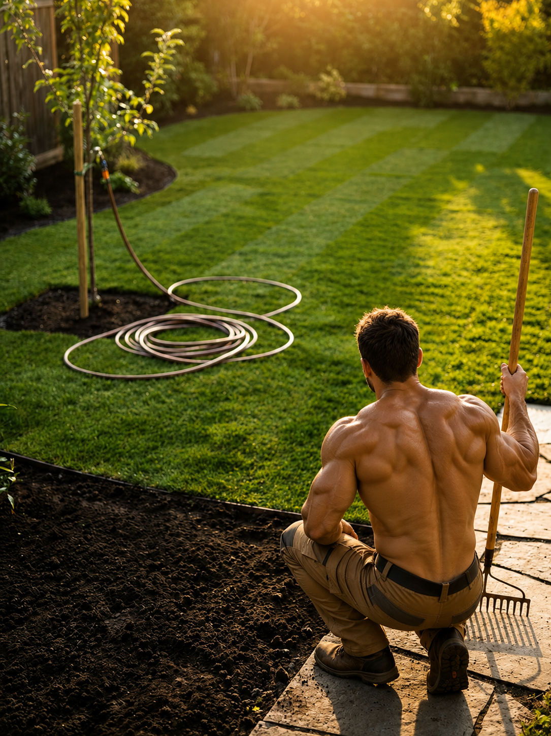 A sexy boy raking fresh soil beside a striped lawn