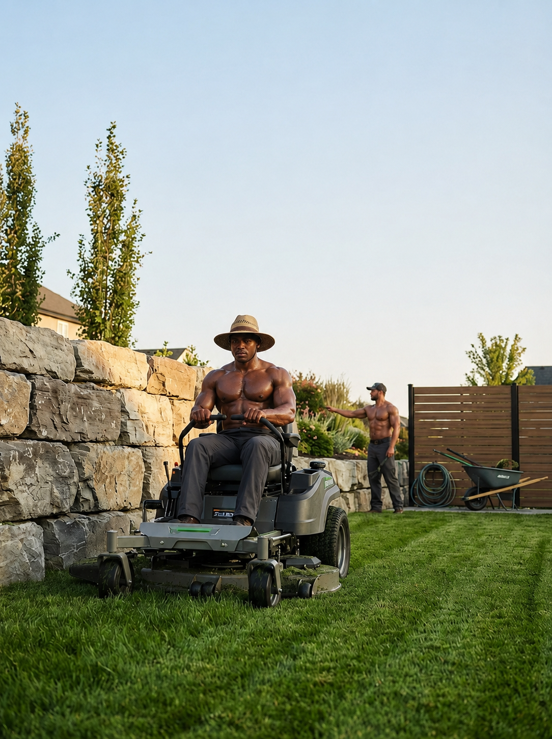 A sexy boy mowing a lawn on a zero-turn mower beside a stone wall
